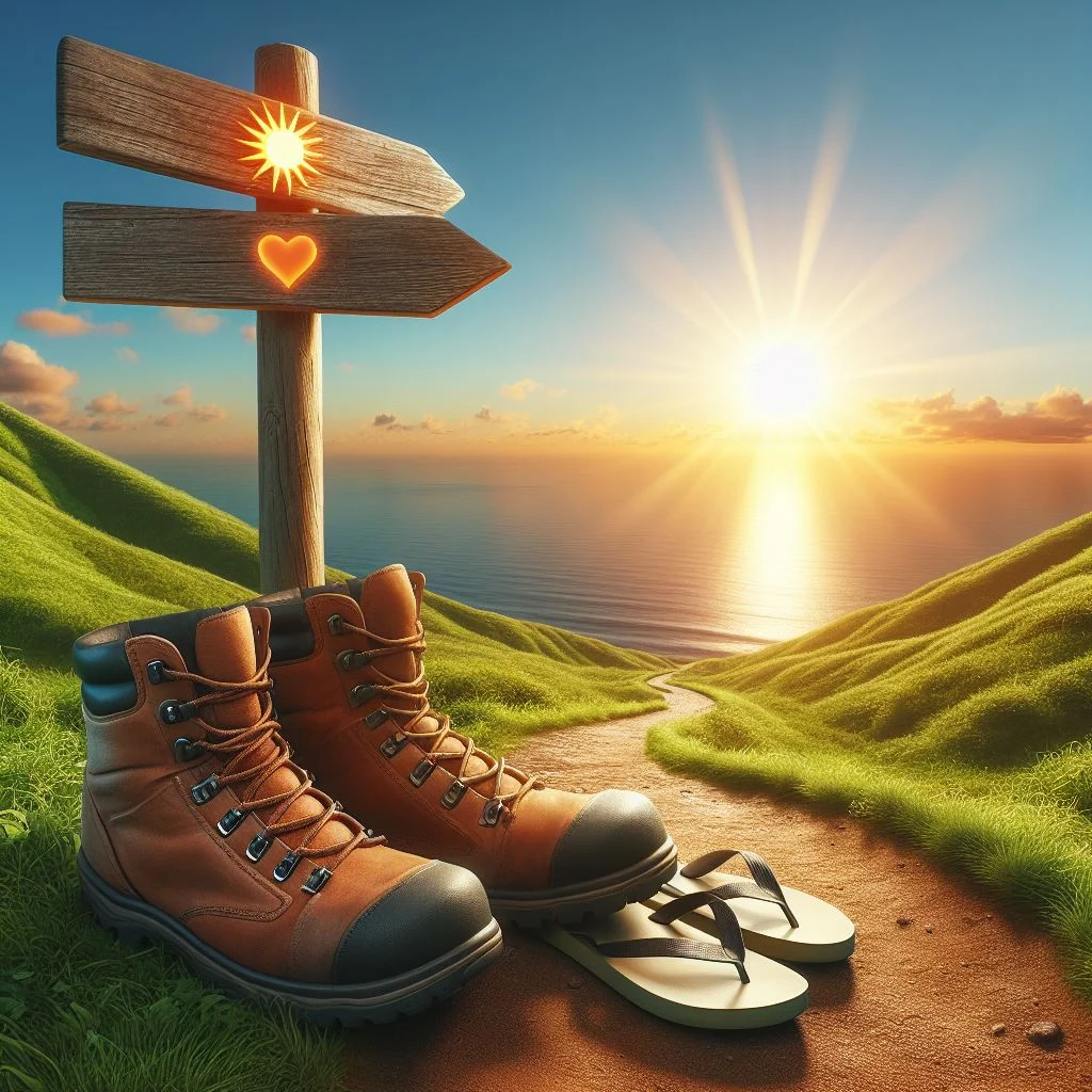 Wegwijzer met wandelschoenen en slippers op een pad naar zee bij zonsopkomst